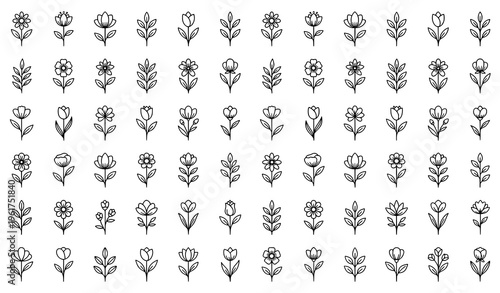 Floral sketch pattern set with flowers leaves and buds minimal black and white vector for textile and wallpaper