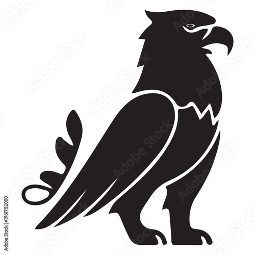 Black eagle silhouette vector icon, seated heraldic bird of prey with eagle head isolated on white background for professional logos. Art & Illustration