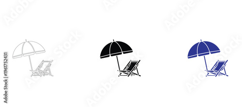  Beach Chair and Umbrella Vector Icon Set, Minimalist Summer Vacation Line Art, Professional Resort Lounge and Travel Doodles, Clean Outline Graphic Design Assets for Holiday and Tourism Branding
