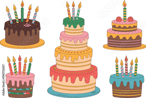 Birthday cakes with candles and decorations various styles illustration vector