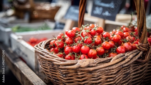 Fresh Red Cherry Tomatoes in a Rustic Woven Basket at a Vibrant Market Stall Surrounded by Farm Produce and Natural Light