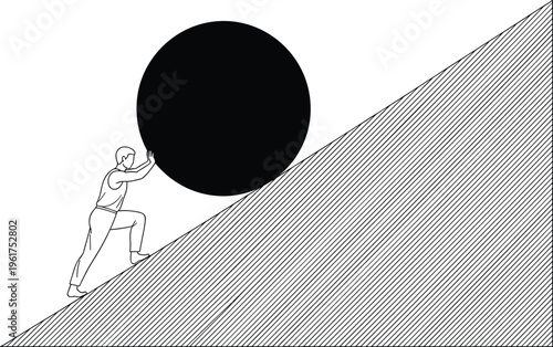 business challenge concept pushing heavy weight uphill, overcoming obstacles, determination success motivation effort struggle achievement growth illustration vector design