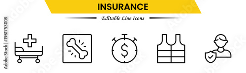 Insurance icons depicting protection, policy, coverage, claims, security, risk management, health, life, property, finance, assurance, safety, support, and benefits.