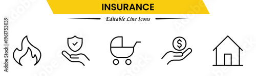 Insurance icons depicting protection, policy, coverage, claims, security, risk management, health, life, property, finance, assurance, safety, support, and benefits.