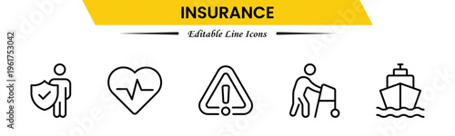 Insurance icons depicting protection, policy, coverage, claims, security, risk management, health, life, property, finance, assurance, safety, support, and benefits.