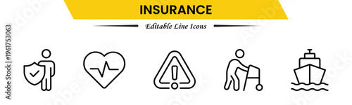 Insurance icons depicting protection, policy, coverage, claims, security, risk management, health, life, property, finance, assurance, safety, support, and benefits.