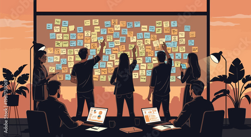 Team collaboration on sticky notes board in modern office at sunset