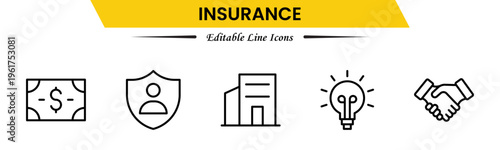 Insurance icons depicting protection, policy, coverage, claims, security, risk management, health, life, property, finance, assurance, safety, support, and benefits.