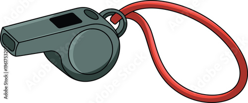 Sports whistle with red lanyard cord vector illustration for coach referee trainer equipment isolated on white background athletic competition