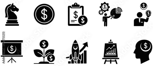 "Business finance strategy icons set with chess knight, dollar coin, investment growth, rocket success, financial planning, innovation, and analysis"