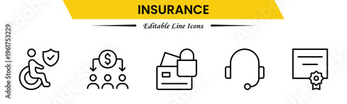 Insurance icons depicting protection, policy, coverage, claims, security, risk management, health, life, property, finance, assurance, safety, support, and benefits.