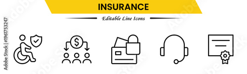 Insurance icons depicting protection, policy, coverage, claims, security, risk management, health, life, property, finance, assurance, safety, support, and benefits.