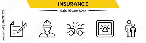 Insurance icons depicting protection, policy, coverage, claims, security, risk management, health, life, property, finance, assurance, safety, support, and benefits.