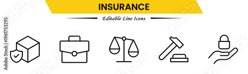 Insurance icons depicting protection, policy, coverage, claims, security, risk management, health, life, property, finance, assurance, safety, support, and benefits.