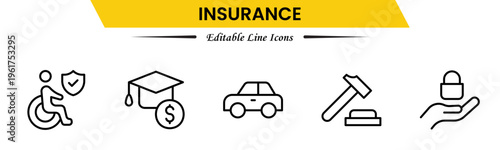 Insurance icons depicting protection, policy, coverage, claims, security, risk management, health, life, property, finance, assurance, safety, support, and benefits.