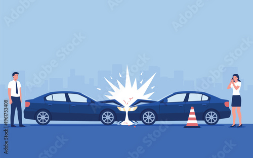 Dark blue cars collided head on with people witnessing the accident scene