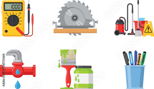 home repair tools set multimeter saw cleaning equipment plumbing paint supplies stationery icons maintenance service illustration vector design collection