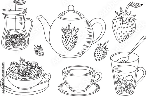 Set of black and white sketch style strawberry fruit tea collection for cafe menu design. Vector illustration