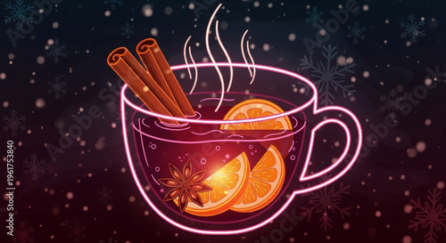 Warm mulled wine with cinnamon sticks and orange slices in a neon lit mug on a snowy night