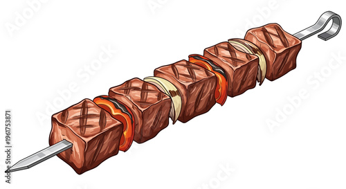 Grilled meat skewer with onions and peppers, isolated on white background