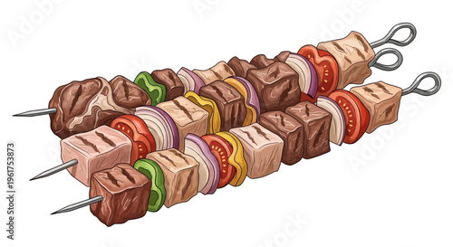 Grilled meat and vegetable skewers on white background