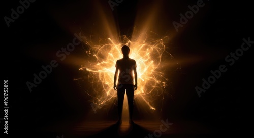 A silhouette of a person standing against a glowing, intricate light pattern in a dark background. The light appears to emanate from behind the figure, creating a dramatic and ethereal effect. 