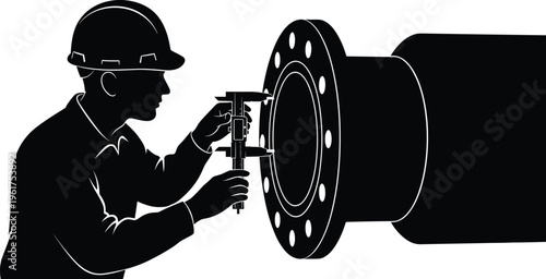 industrial worker measuring pipe flange, engineer using caliper tool, mechanical inspection process, factory maintenance, precision engineering measurement, manufacturing quality control