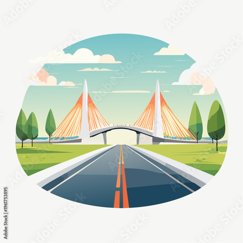 Stunning Cable-Stayed Bridge with Road and Trees Under a Cloudy Sky