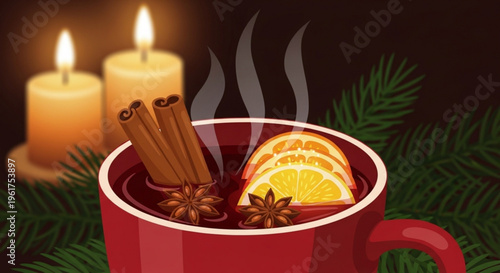 Warm red mug of spiced mulled wine with cinnamon sticks and orange slices steaming hot with candles in background