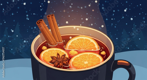 Warm mulled wine with cinnamon sticks and oranges in a black mug on a snowy night