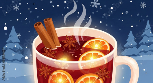 Steaming mulled wine with cinnamon sticks and orange slices on a snowy winter night with pine trees