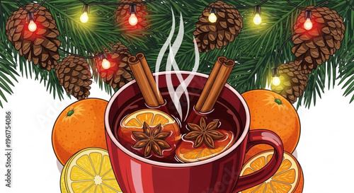 Warm mulled wine with cinnamon sticks and oranges at christmas