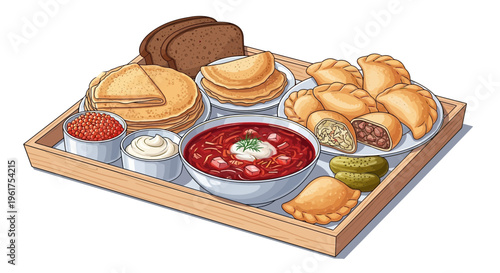 Traditional Eastern European Food Platter: Borscht, Pierogi, Blini, Bread, Pickles