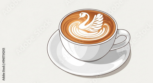 Delicious latte art coffee cup with swan design on a saucer served hot and fresh
