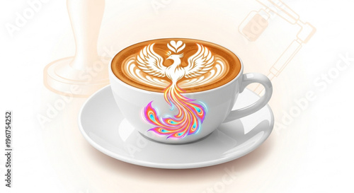 Vibrant phoenix latte art on coffee cup with saucer morning drink concept