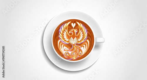 Coffee cup with artistic latte art design on top served on a white saucer symbolizing creativity and morning coffee ritual