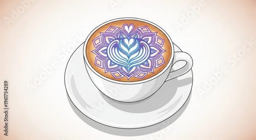 Vibrant latte art in a white coffee cup on saucer with intricate purple and blue design