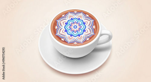 Vibrant latte art in a white cup on a saucer with intricate blue pink and purple design