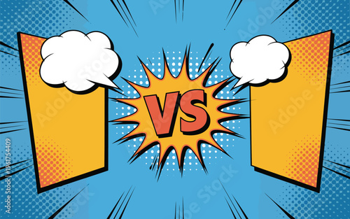 Energetic comic strip versus background featuring two opposing yellow panels and blank speech bubbles