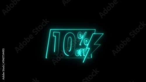 Neon sale sign with percentage discount 10% glowing in dark background for retail marketing advertising promotion.