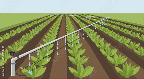 An irrigation system watering rows of green plants in a cultivated field under a clear sky.