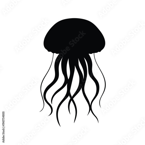 Black and white jellyfish long tentacles floating in ocean silhouette vector illustration, jellyfish silhouette vector illustration