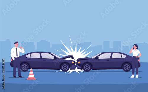 Flat illustration of a car accident with two damaged vehicles and concerned drivers on a city street