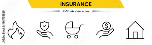 Insurance icons depicting protection, policy, coverage, claims, security, risk management, health, life, property, finance, assurance, safety, support, and benefits.