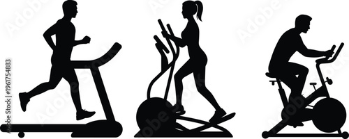 Cardio fitness silhouette illustration featuring treadmill, elliptical machine, and stationary exercise bike, symbolizing gym workout, health, and active lifestyle design projects