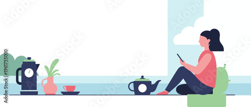 Peaceful Outdoor Retreat Young Woman Enjoying a Moment of Serenity with a Hot Beverage and Her Smartphone, Embracing Leisure and Connection