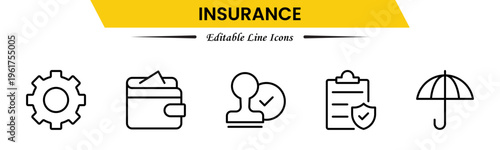 Insurance icons depicting protection, policy, coverage, claims, security, risk management, health, life, property, finance, assurance, safety, support, and benefits.