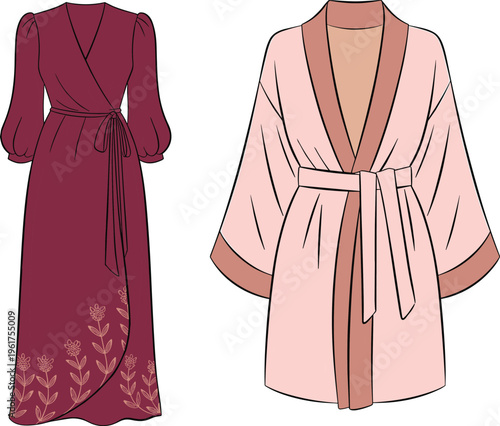 Elegant wrap dress fashion, floral embroidery hem, kimono robe style, belted waist design, long sleeve, CAD flat sketch vector