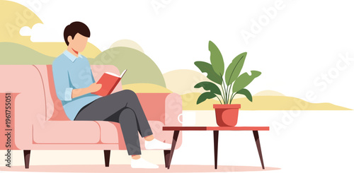 Relaxed man sitting on a comfortable sofa in a cozy living room, enjoying a good book with a cup of coffee and a plant nearby, depicting a peaceful lifestyle moment