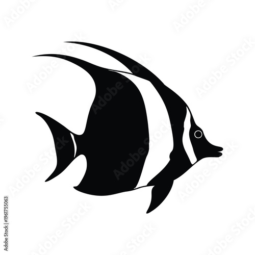 Elegant black and white angelfish intricate fins, silhouette vector illustration, moorish idol silhouette vector illustration